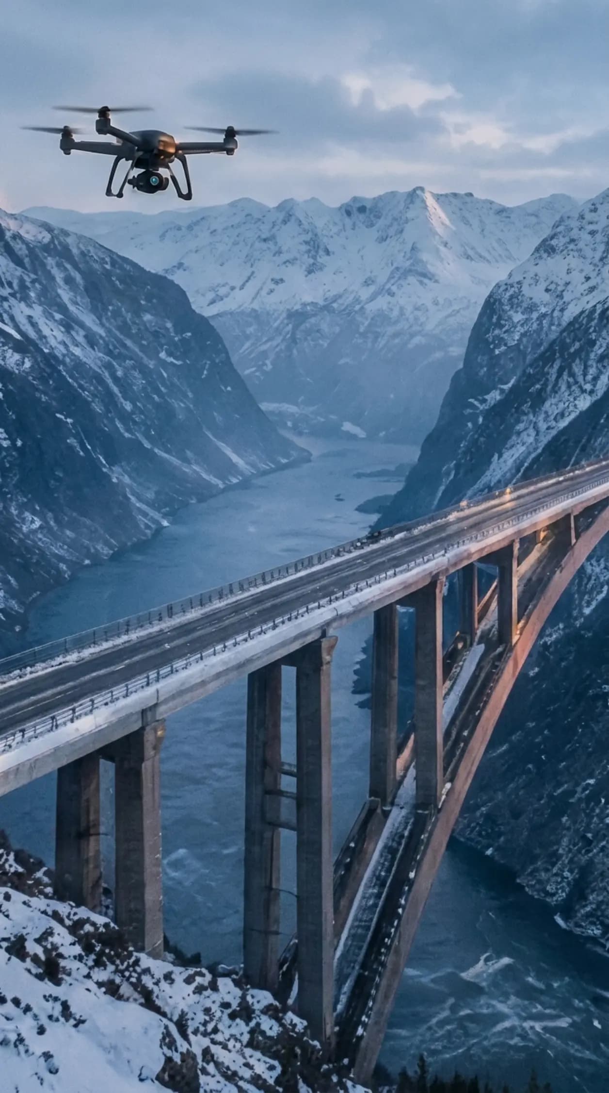Drone surveying a highway arch bridge over a frozen fjord